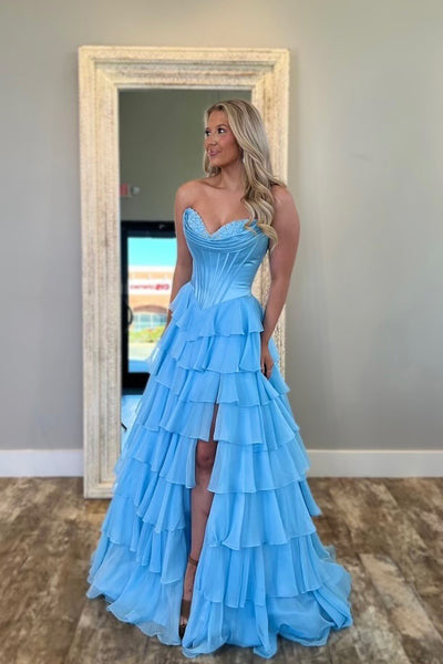 Cute Ball Gown Sweetheart Blue Chiffon Tiered Prom Dress with Slit AB25012001