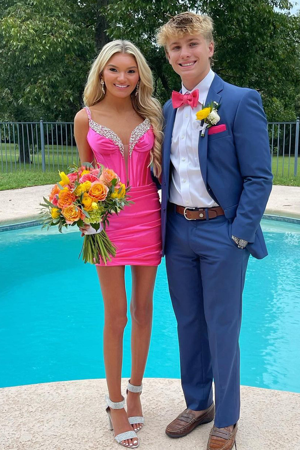 Cute Bodycon V Neck Hot Pink Satin Short Homecoming Dresses with Beading AB24101008 Anniebride Cute Bodycon V Neck Hot Pink Satin Short Homecoming Dresses with Beading AB24101008 Anniebride