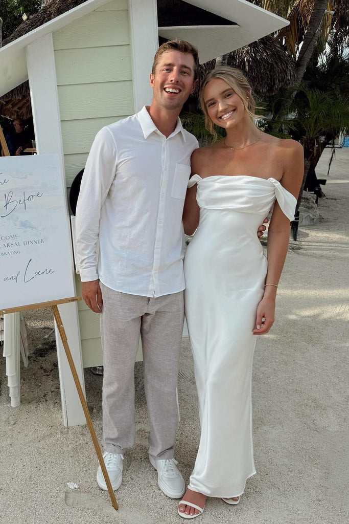white dress evening party White Satin Long Prom Dress, Off the Shoulder A-Line Evening Party Dre