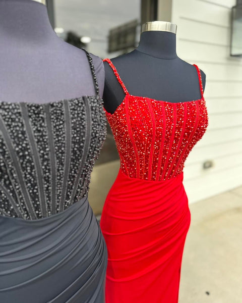 Cute Mermaid Scoop Neck Red Satin Long Prom Dress with Beading