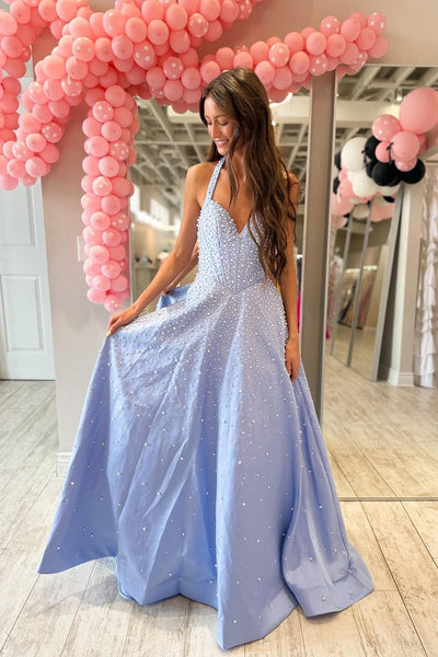 Gorgeous A Line V Neck Light Blue Satin Prom Dress with Beading AB26032802