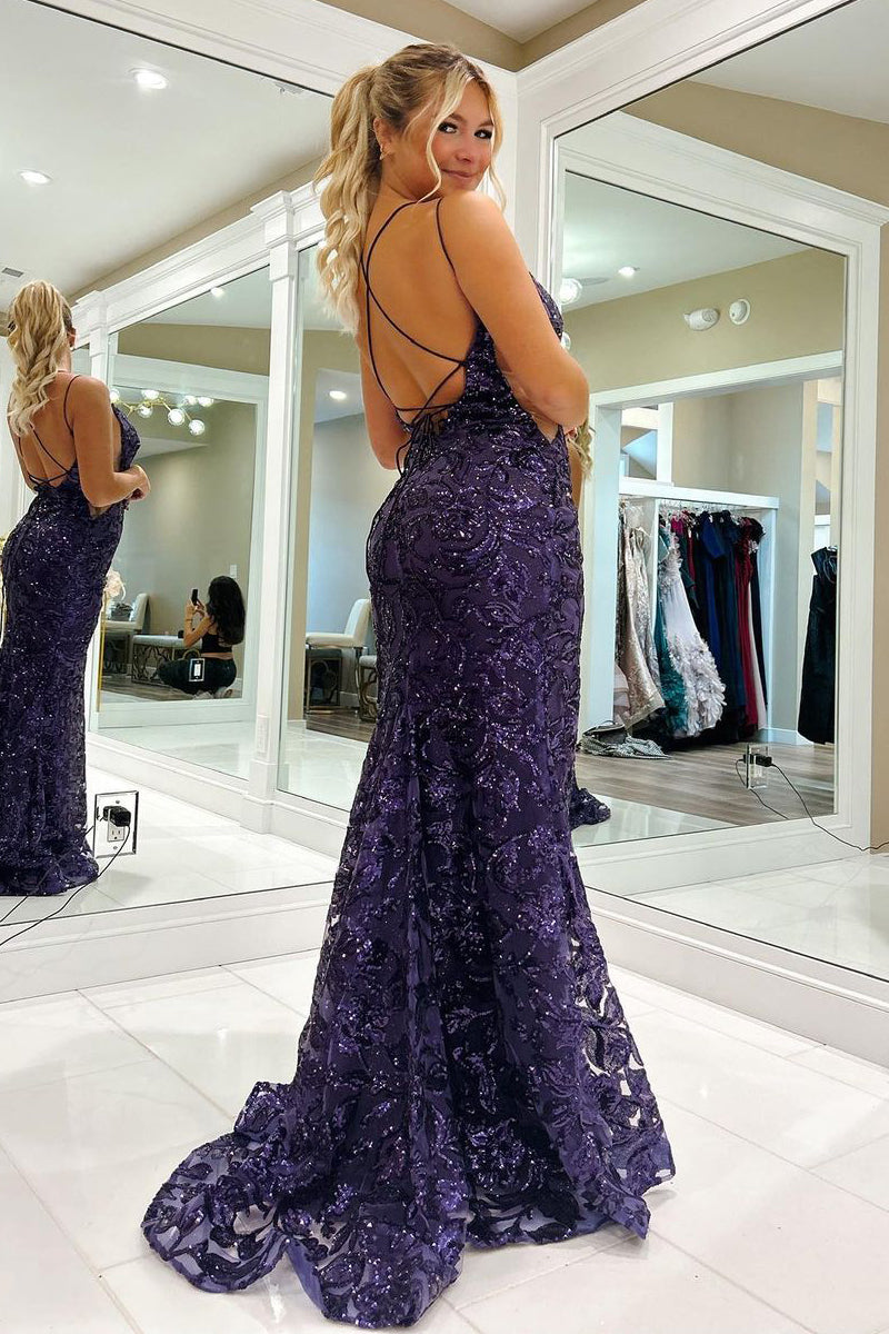 purple sequin formal dress Stunning Purple Mermaid Sequin Prom Dress with Slit and Spaghetti Stra –  Viniodress main image 1