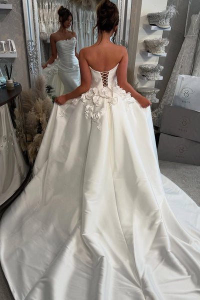 Gorgeous Mermaid Strapless Satin Wedding Dresses with 3D Flowers AB25052403
