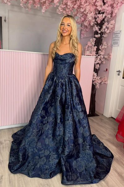 A Line Strapless Navy Blue Jacquard Satin Prom Dress with Pockets AB26062120