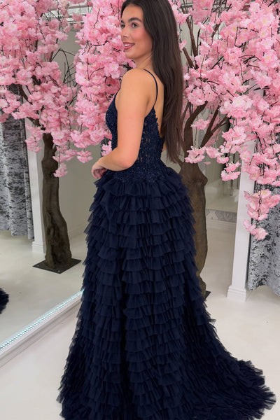Stunning A Line V Neck Navy Tiered Tulle Prom Dress AB26070716