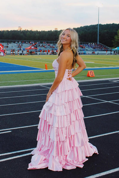 Fairy A Line Sweetheart Keyhole Pink Tiered Prom Dress with Hot Stone AB25092702
