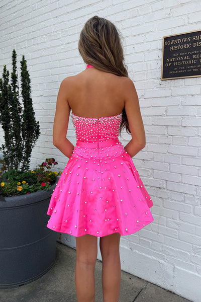A Line Strapless Hot Pink Satin Short Homecoming Dress with Pearls AB26081605
