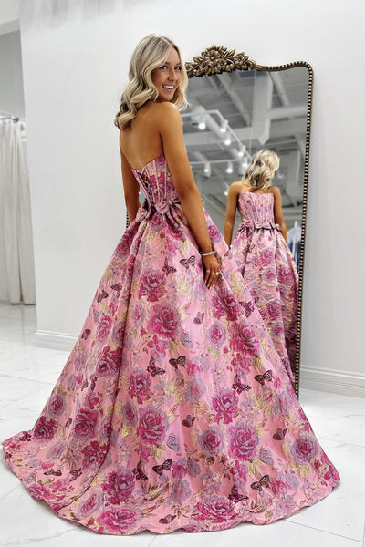 Cute Ball Gown Strapless Jacquard Satin Prom Dress with Bow AB26020907