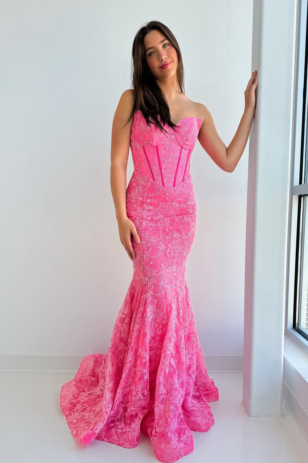 Mermaid Strapless Pink Lace Long Prom Dresses AB25032905