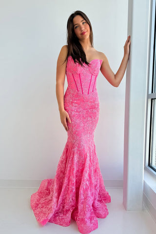 Mermaid Strapless Pink Lace Long Prom Dresses AB25032905