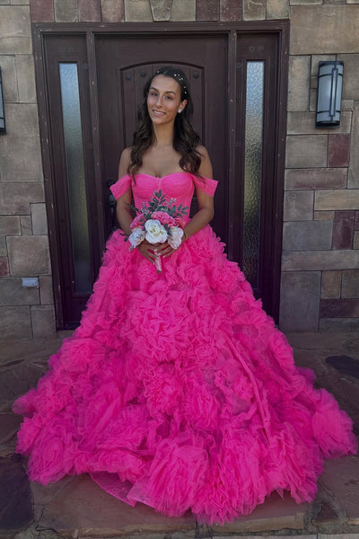 Gorgeous A Line Off the Shoulder Pink Tulle Tiered Long Prom Dress AB25100704