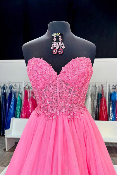 Cute A Line Sweetheart Pink Tulle Long Prom Dress with Appliques AB25101005