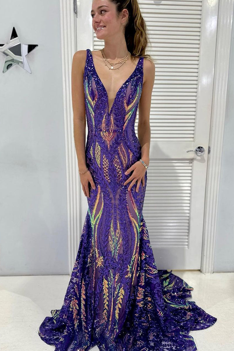 Charming Mermaid V Nek Purple Sequins Long Prom Dresses AB112402