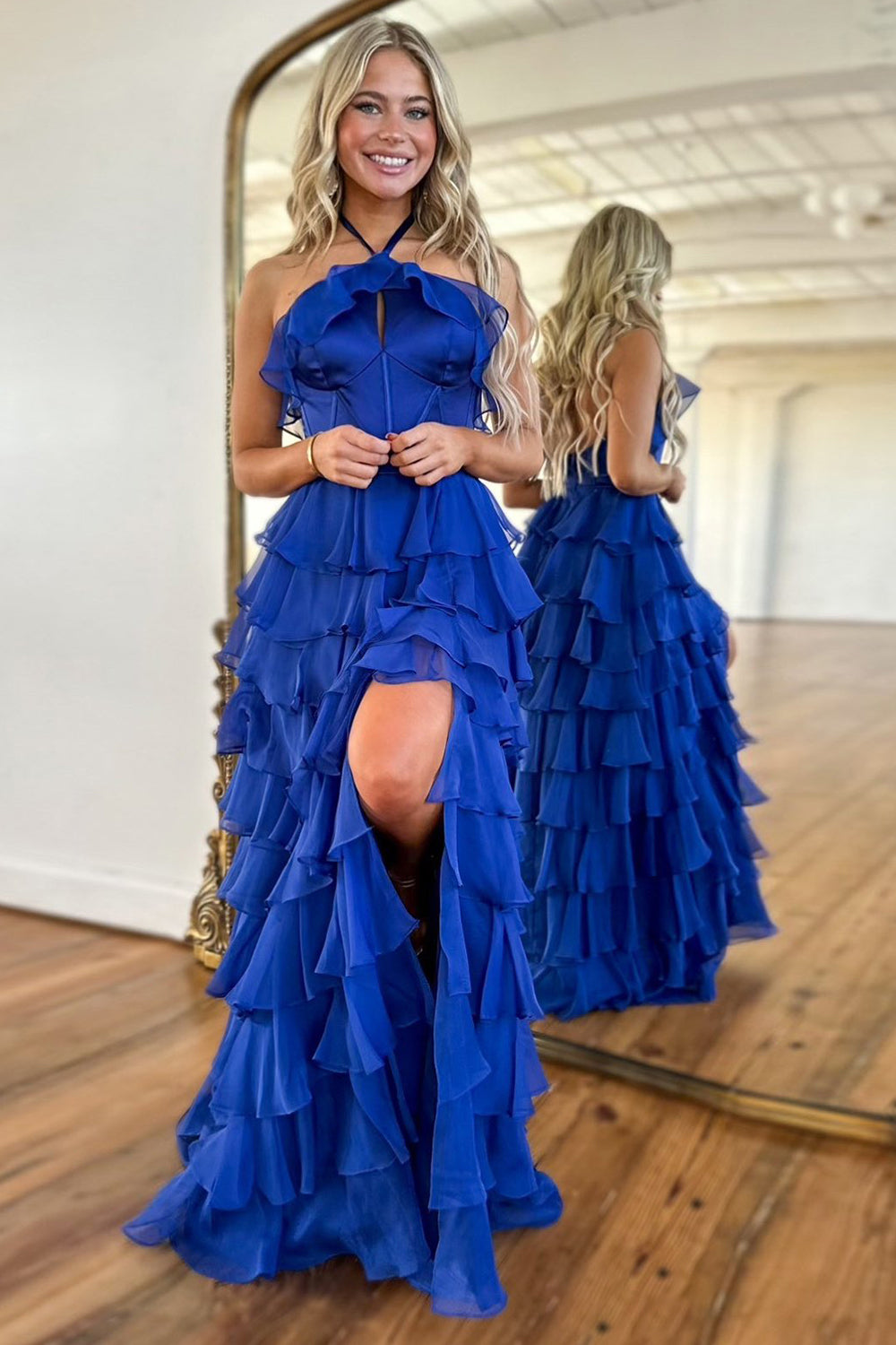 Fairy A Line Straps A Line Tiered Chiffon Long Prom Dresses with Slit AB24102107