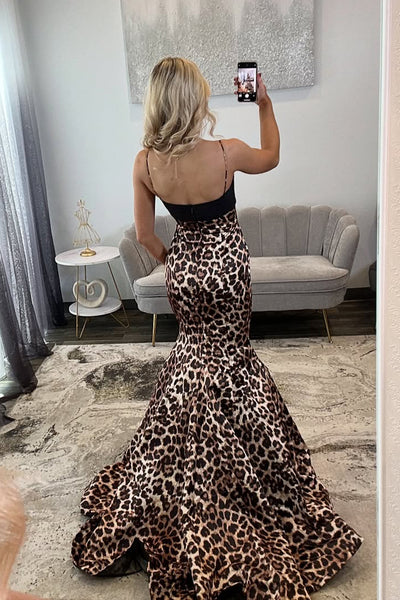 Fashion Mermaid V Neck Leopard Print Prom Dress with Bow AB25120305