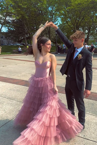 Charming A Line Sweetheart Dusty Pink Tulle Long Prom Dresses AB24081203
