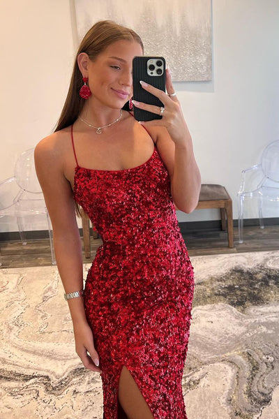 Charming Mermaid Scoop Neck Red Sequins Long Prom Dresses with Slit AB110706
