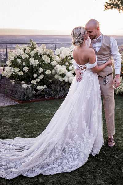 Fairy A Line Off the Shoulder Tulle Long Wedding Dresses with Appliques AB082208