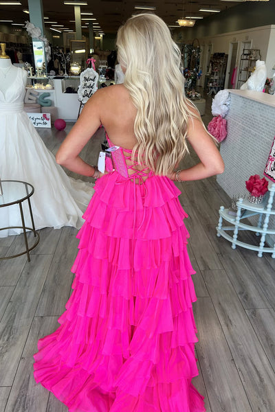 Fairy A Line Scoop Neck Hot Pink Chiffon Tiered Prom Dress AB25090807
