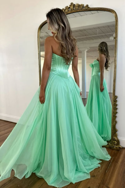 Cute A Line Strapless Light Blue Chiffon Long Prom Dress with Slit AB2622804