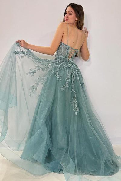 Charming Mermaid V Neck Dusty Green Tulle Long Prom Dress with Appliques AB112805