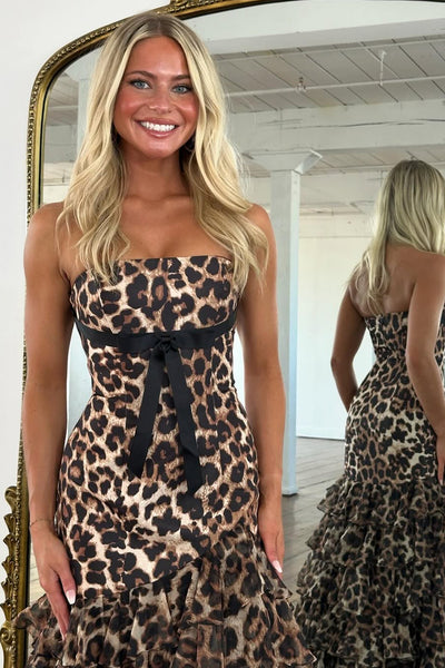 Cute Mermaid Strapless Leopard Chiffon Tiered Slit Prom Dress AB26031804