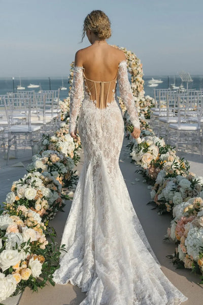 Bohemian Mermaid Off-Shoulder Lace Wedding Dress with Sleeves AB26061411