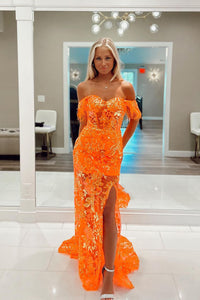 Cute Mermaid Sweetheart Orange Lace Long Prom Dresses AB092105