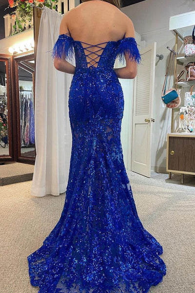 Charming Sparkly Mermaid Sweetheart Royal Blue Sequins Long Prom Dresses with Feather AB101903