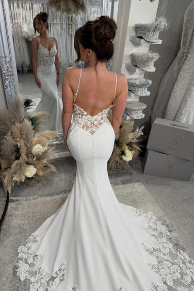 Elegant Mermaid V Neck Elastic Satin Wedding Dress with Appliques AB26060101