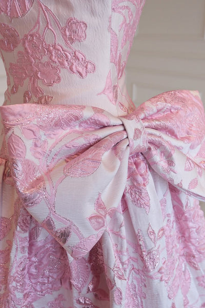 Cute A Line Sweetheart Pink Jacquard Satin Prom Dress with Bow AB26012908