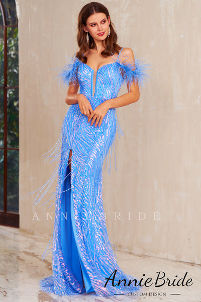 Cute Mermaid Detachable Off the Shoulder Blue Sequins Long Prom Dress with Feather AB4010202