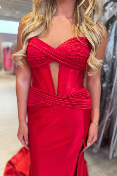 Mermaid Sweetheart Red Satin Prom Dress with Slit AB26040511