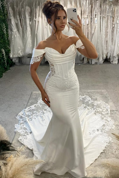 Elegant Mermaid Off the Shoulder Elastic Satin Wedding Dress with Appliques AB25112708
