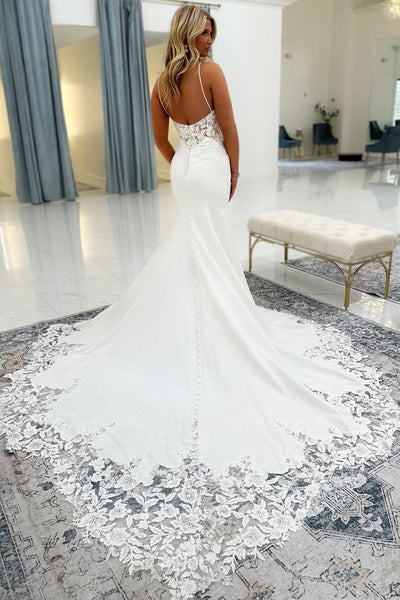 Sweet Mermaid Scoop Neck Lace Wedding Dresses with Train AB25050208