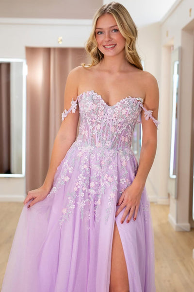 Cute A Line Sweetheart Lavender Tulle Prom Dress with Appliques AB26030505