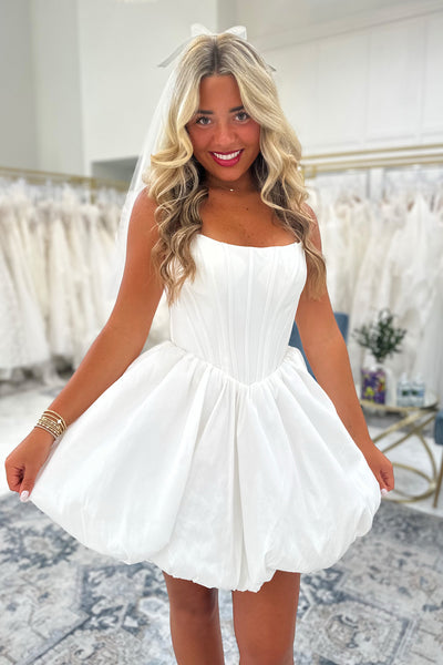 A Line Scoop Neck White Satin Short Wedding Dress AB26081010
