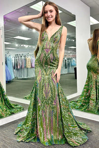 Charming Mermaid V Neck Green Sequins Prom Dresses AB121504