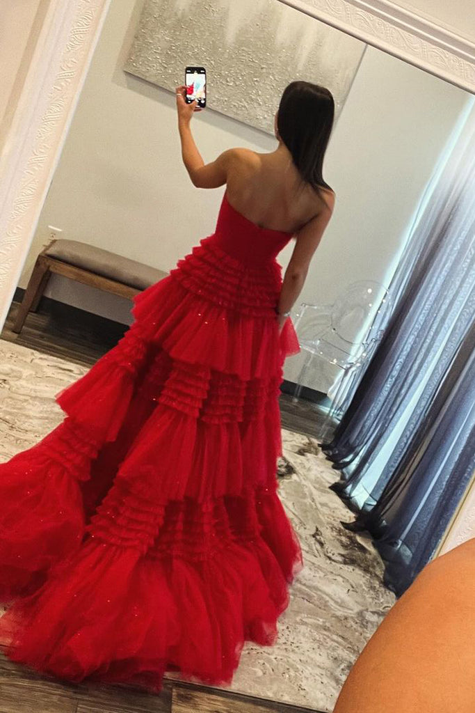 Princess Strapless Red Ruffle Tiered Tulle Long Prom Dresses AB4030302 – Anniebride Princess Strapless Red Ruffle Tiered Tulle Long Prom Dresses AB4030302 – Anniebride