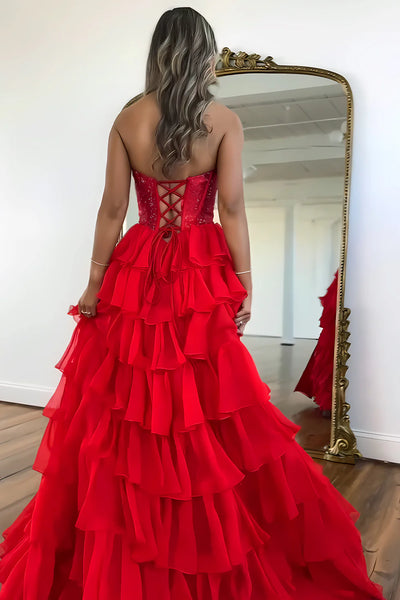A-Line Strapless Yellow Ruffle Tiered Long Prom Dresses with Beadings AB25032405