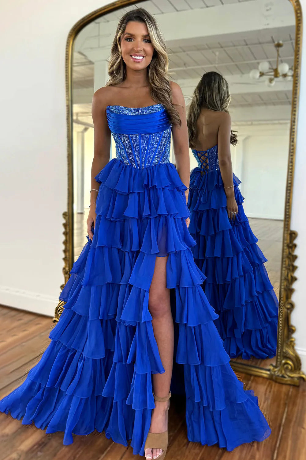 A-Line Strapless Yellow Ruffle Tiered Long Prom Dresses with Beadings AB25032405