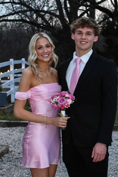 Cute Off the Shoulder Pink Satin Sheath Short Homecoming Dress
