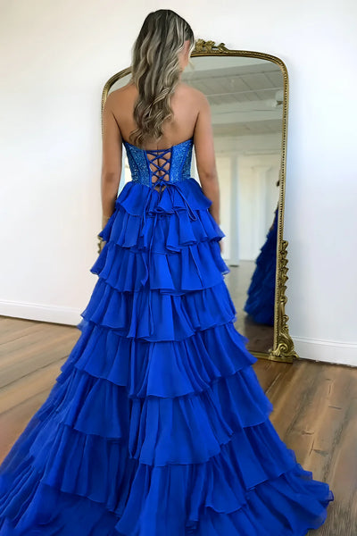 A-Line Strapless Yellow Ruffle Tiered Long Prom Dresses with Beadings AB25032405