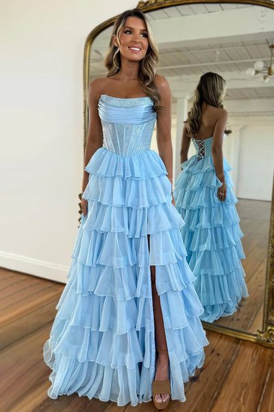 A-Line Strapless Yellow Ruffle Tiered Long Prom Dresses with Beadings AB25032405