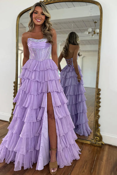 A-Line Strapless Yellow Ruffle Tiered Long Prom Dresses with Beadings AB25032405