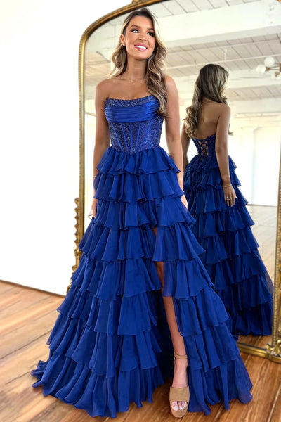 A-Line Strapless Yellow Ruffle Tiered Long Prom Dresses with Beadings AB25032405