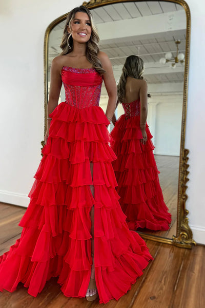 A-Line Strapless Yellow Ruffle Tiered Long Prom Dresses with Beadings AB25032405