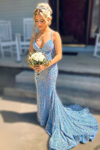 Cute Mermaid V Neck Light Blue Velvet Sequins Prom Evening Dresses AB25052829