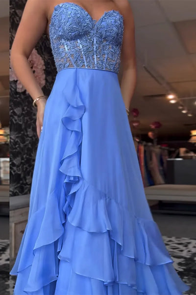 Cute A Line Sweetheart Blue Chiffon Tiered Long Prom Dresses AB25051904