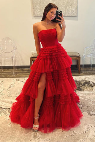 Princess Strapless Red Ruffle Tiered Tulle Long Prom Dresses AB4030302
